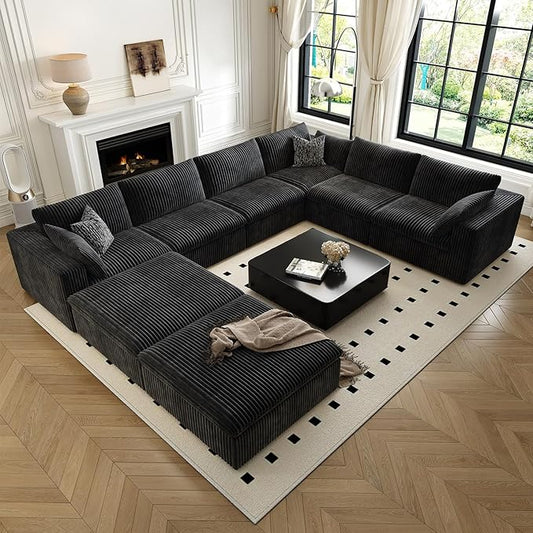 157.5" Cloud Couch Oversized Modular Sectional Sofa for Living Room,Modern Sofa with Deep Seat，8 Seater Boneless Couch with 2 Ottoman,Comfy Upholstered Couches for Apartment, Studio, Office,Black-HomvellaHome