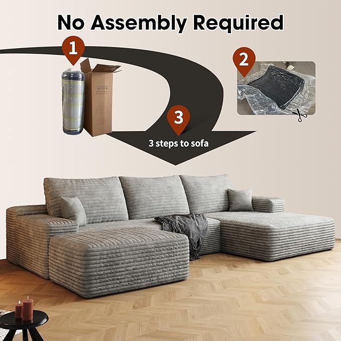 108" Sectional Couches for Living Room Modern Modular Sofa with L-Shape Couchs Upholstered Boneless Couch Deep Seat Sectional Couch with Chaise (Grey, Right Facing Chaise+2Seaters+1Ottoman)-HomvellaHome