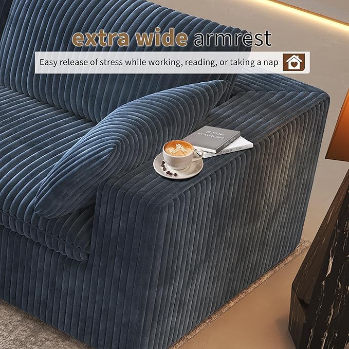 118" U Shaped Modern Sofa Modular Sectional Cloud Couch with 2 Ottoman,Upholstered Couches with Plush Corduroy Fabric for Living Room Furniture,Bedroom and Apartment,No Assembly Required,Blue-HomvellaHome