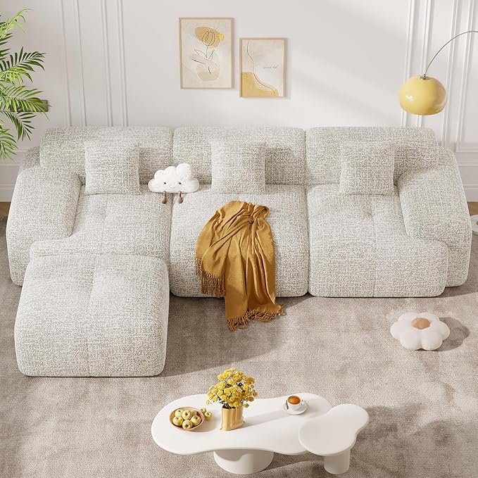 122" Modern L Shaped Modular Sectional Sofa, Boneless Couches for Living Room with Ottoman,4 Seater Convertible Chenille Cloud Couch Sofa Set, No Assembly Required, Beige 1 PCS-HomvellaHome
