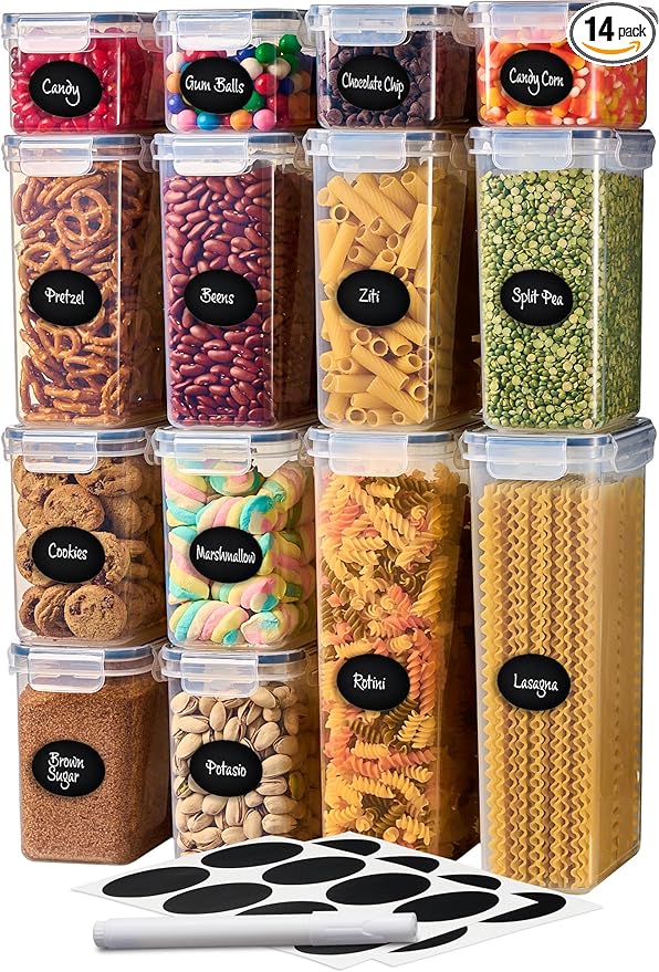 DWËLLZA KITCHEN Set of 14 Airtight Food Storage Containers for Pantry Organization and Storage - Sugar, Flour, Pasta, Spaghetti Plastic Air tight Kitchen Storage Containers With Lids, Labels & Marker-HomvellaHome