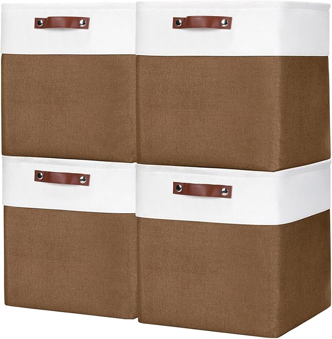 13x13 Cube Storage Bins, Collapsible Fabric Storage Box, 4 Pack Closet Baskets with Handles for Organizing, Shelf, Toys, Clothes, Home, Office, Nursery (Brown&White)-HomvellaHome