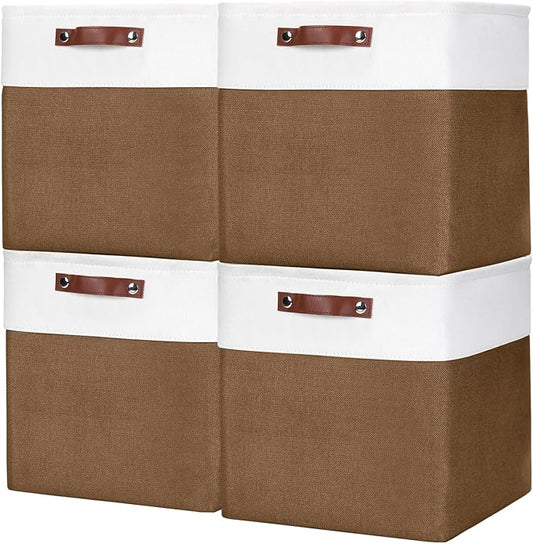 13x13 Cube Storage Bins, Collapsible Fabric Storage Box, 4 Pack Closet Baskets with Handles for Organizing, Shelf, Toys, Clothes, Home, Office, Nursery (Brown&White)-HomvellaHome