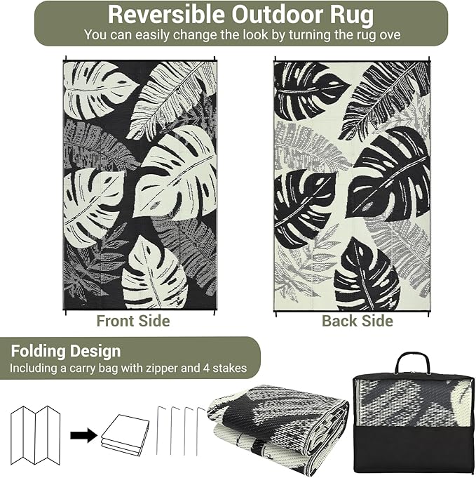 GAOMON Waterproof Plastic Straw Rug 9x12 Outdoor Rug for Patio, Reversible Modern Camping Mat with Bag & Stakes, UV Resistant & Easy to Clean Outdoor Carpet for RV, Deck, Balcony, Beige-HomvellaHome