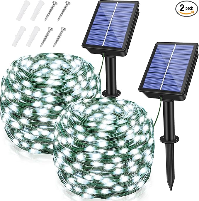 2 Pack Solar String Lights Total 480LED 158FT, IP67 Waterproof Solar Lights for Outside with 8 Modes, Upgraded Solar Panel Fairy Lights for Garden Party Wedding Decorations (Cool White)-HomvellaHome