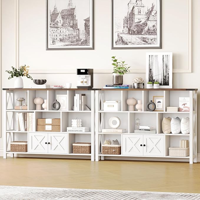 11 Cube Storage Organizer Bookshelf, Wooden Open Cube Shelf Bookcase, Farmhouse Display Book Shelf, 3 Tier Cube Bookshelves with Storage, Rustic White-HomvellaHome