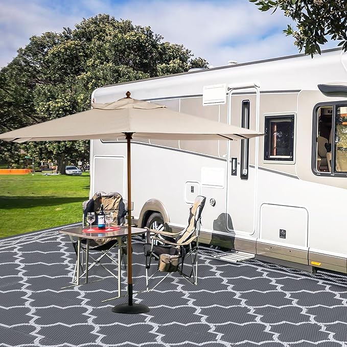 GAOMON Outdoor Rug Waterproof 8'x10', Reversible Outdoor Plastic Straw Rug, Boho Patio Rug, Indoor Outdoor Carpet, RV Mat Outside for Patio, Camp, Picnic, Balcony, Deck, Grey/White(Geometric)-HomvellaHome