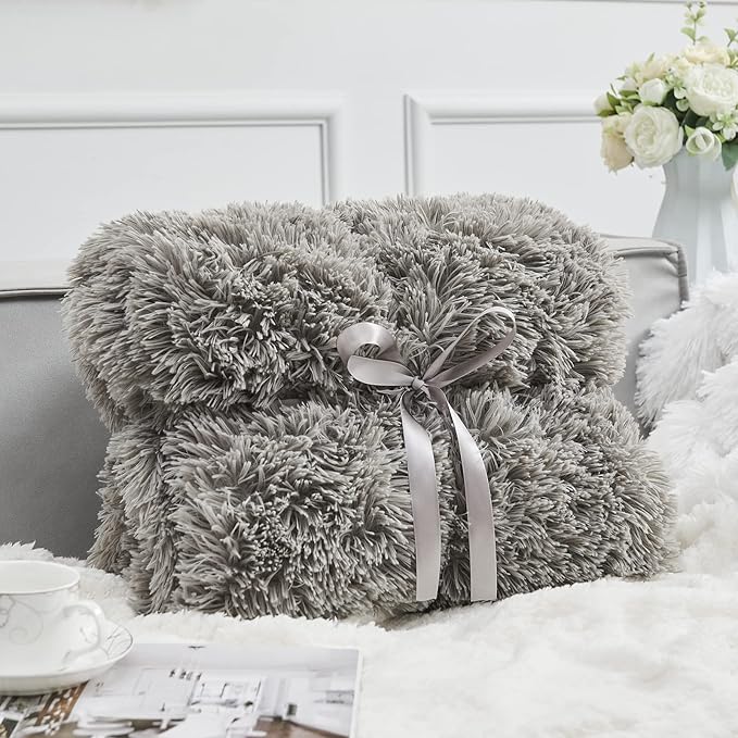 GONAAP Fuzzy Faux Fur Throw Blanket Twin Size Light Grey Super Soft Cozy Plush Fuzzy Shaggy Blanket for Couch Sofa Bed (Light Grey, Twin(60"x80"))-HomvellaHome
