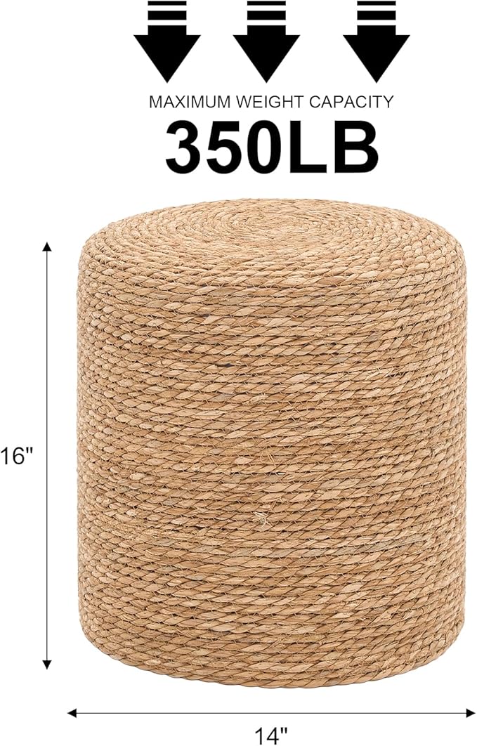 16'' Round Ottoman Natural Seagrass Braided Poof Hand Weaving Round Ottomans Boho Footrest Stool for Home Living Room Bedroom Patio(Natural)-HomvellaHome