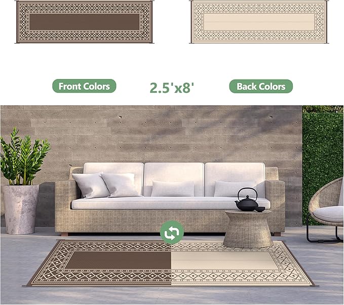 GENIMO Outdoor Rug Waterproof for Patio Decor, 2.5'x8' Foldable Reversible Plastic Straw Runner Rugs Carpet for Porch, Outside Area Mat for Rv, Deck, Picnic, Camper, Balcony, Coffee & Beige-HomvellaHome