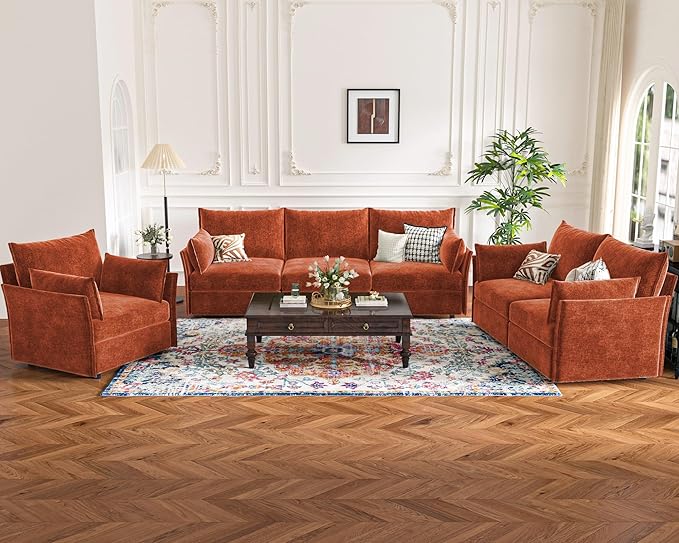 135.5" Oversized Modular Sectional Sofa, L Shaped Convertible Couch with Movable Ottoman, 5 Seat Corner Couches for Living Room Deep Seat Terracotta Orange Chenille-HomvellaHome