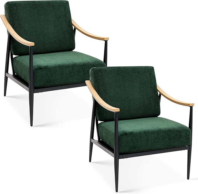 Modern Accent Chairs Set of 2 for Living Room Bedroom Mid Century Arm Chairs Upholstered Office Accent Chairs Comfy Waiting Room Chairs with Metal Frame, Green-HomvellaHome
