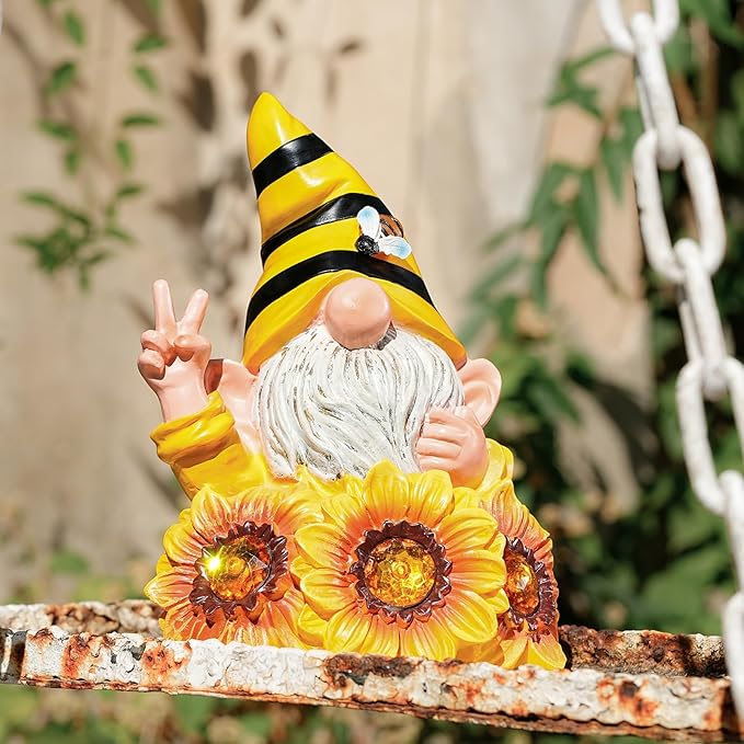 Garden Sculptures & Statues Resin Summer Bee Gnome with Sunflower, Outdoor Funny Decoration Solar Light Figurine Gifts for Yard, Patio Decor for Mom-HomvellaHome