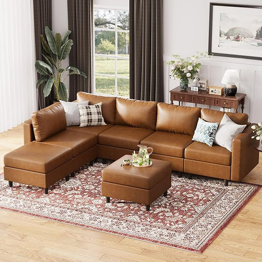 118.5" Faux Leather Modular Sectional Sofa, L Shaped Couch Set for Living Room, 7-Seater Comfy Cloud Couches with Storage Seat Brown-HomvellaHome