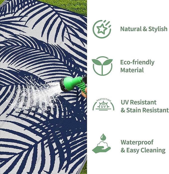 GENIMO Outdoor Rug 5' x 8' Waterproof for Patio Clearance, Reversible Plastic Straw Camping Carpet, Lightweight Mats for Rv, Backyard, Deck, Porch, Picnic, Beach, Balcony, Blue & White-HomvellaHome