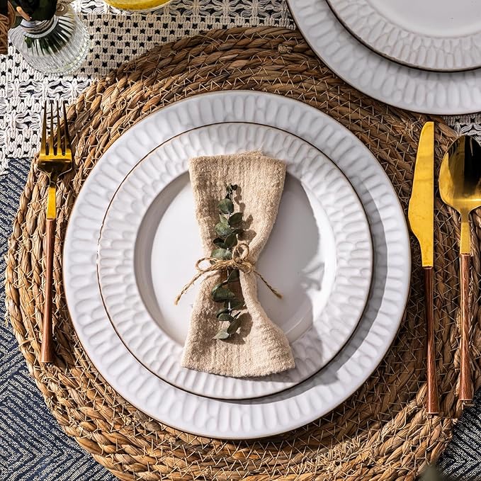 GBHOME Ceramic Dinnerware Sets,18 pcs Embossed Elegant Stoneware Plates and Bowls Sets, Housewarming Wedding Gift | Dishwasher & Microwave Safe | Dishes Set Service for 6-HomvellaHome