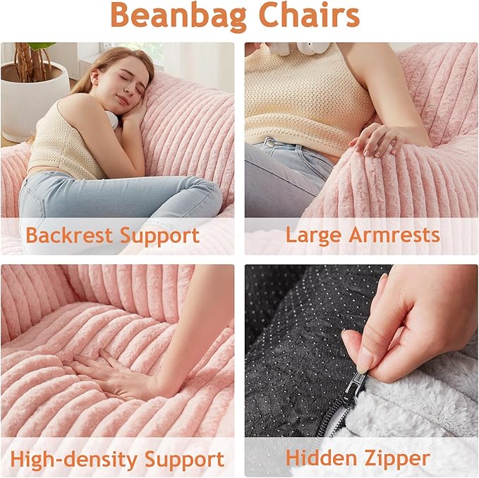 Giant Bean Bag Chairs for Adults with Filling Plush Fluffy Bean Bag Chairs for Teens with Armrests Comfy BeanBag Lazy Couch Sofa Chair for Bedroom Living Room Reading-HomvellaHome