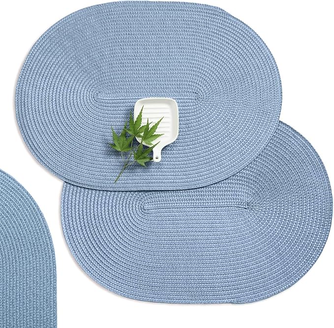 AHHFSMEI Placemats Set of 4 for Dining Table Washable Woven Vinyl Non-Slip 18x12 inches Placemat Heat-Resistant Durable Table Mats for Dining Table Easy to Clean(Light Blue 4)