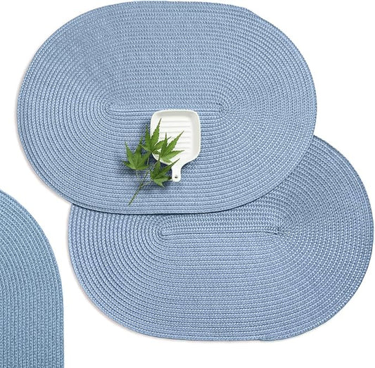 AHHFSMEI Placemats Set of 4 for Dining Table Washable Woven Vinyl Non-Slip 18x12 inches Placemat Heat-Resistant Durable Table Mats for Dining Table Easy to Clean(Light Blue 4)
