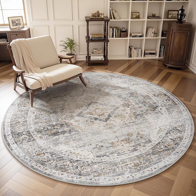 AMOAMI-6FT Round Rug-Rugs for Living Room-Vintage Soft Grey Rugs for Bedroom-Non Slip Circle Rug-Machine Washable Rug for Dining Room Living Room Bedroom Office Under Table-HomvellaHome