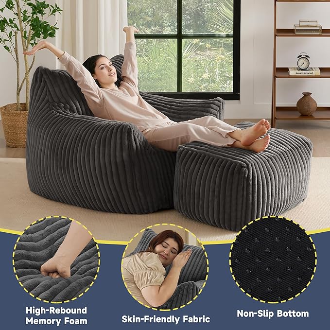 Giant Bean Bag Chairs for Adults, Oversized Chaise Lounge Chair Indoor with Memory Foam - Plush Boneless Lounger & Ottoman for Bedroom, Living Room, Gaming & Reading, Lazy Floor Sofa Chair, Gray-HomvellaHome