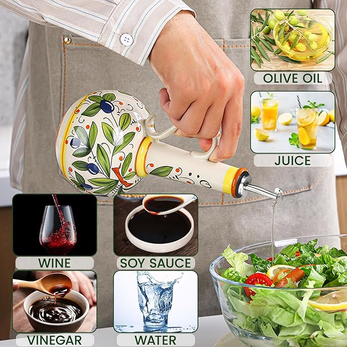 18 oz Ceramic Olive Oil Dispenser Bottle for Kitchen, Large Capacity Oli and Vinegar Cruet with Stainless Steel Spout, 540 ml Oil Container with Handle for Cooking Preventing, Vinegar Cruet-HomvellaHome