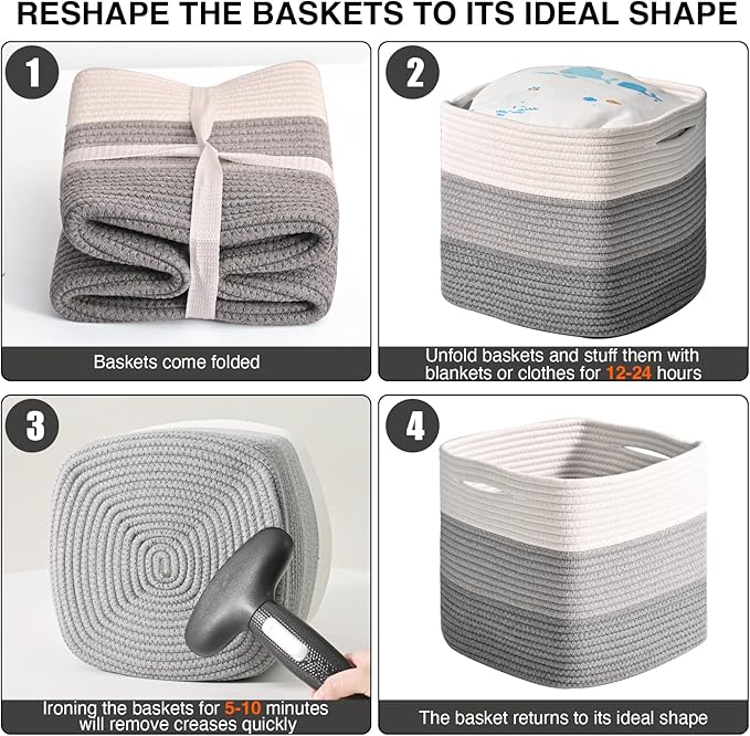 11 Inch Cube Storage Bins, Storage Cube Organizer Bins, Woven Cotton Rope Basket for Storage, Storage Baskets for Organizing Shelves, Grey Baskets for Toys, Gradient Grey (Pack of 3)-HomvellaHome