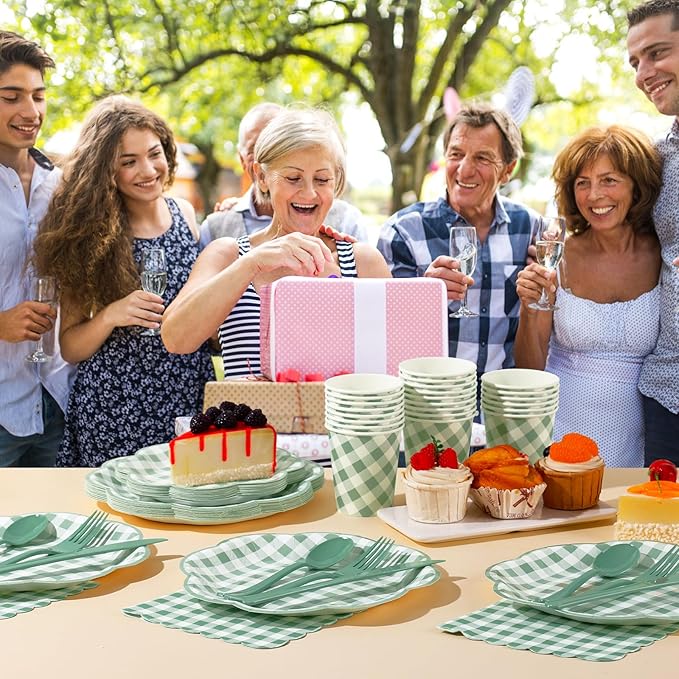 175 Pcs Sage Green Gingham Paper Plates and Napkins Party Supplies - Sage Green and White Checkered Plates Scalloped Plaid Plate for Birthday Dinner Picnic BBQ Party Decorations, Serve 25 Guests-HomvellaHome