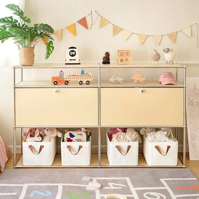 GRANNY SAYS Closet Storage Baskets, Collapsible Fabric Storage Bins with Metal Frame, Clothes Organizer Bins, Large Baskets for Shelves, Ivory, 4-Pack-HomvellaHome