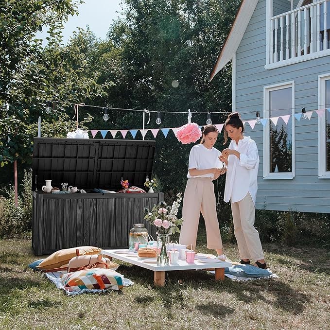 182 Gallon Deck Box Waterproof, UV Resistant Resin Outdoor Storage Box with Hydraulic Rod, Lockable Design and Enhanced Durability for Patio, Garden, and Poolside Use-HomvellaHome