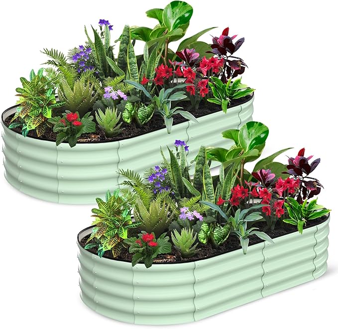 2 Pcs 6x3x1ft Oval Raised Garden Bed, Galvanized Raised Beds,Open-Ended Base Metal Raised Planter Beds,Garden Bed Outdoor,Planter Raised Boxes for Vegetables, Flowers,Tool-Free Asse,Green-HomvellaHome