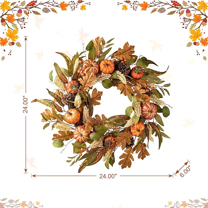 Glitzhome 24''D Fall Pumpkin Leaf Floral Wreath Decor, Artificial Harvest Door Wreath for Autumn or Thanksgiving Decoration-HomvellaHome