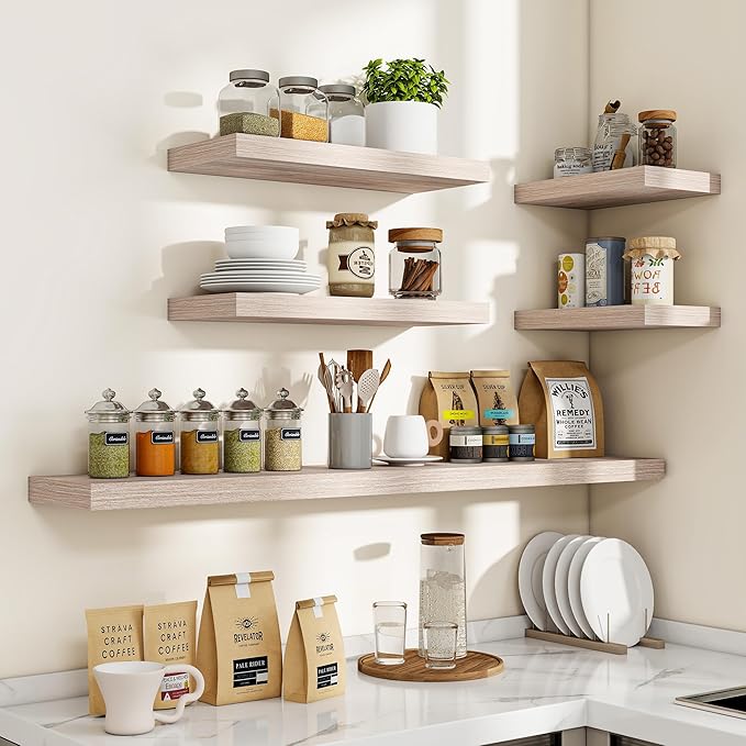 16 Inch Floating Shelves, 3D Textured Wood Grain, 16"x9.25"x1.5" Inch Deep Floating Shelves for Wall, Wooden Shelves for Bathroom, Bedroom, Living Room, Washed White-HomvellaHome