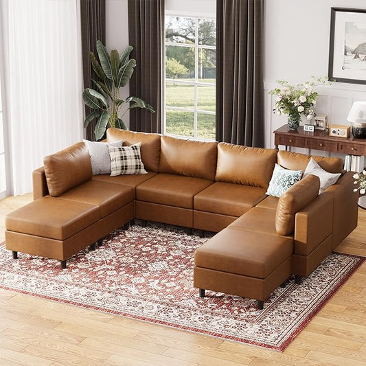 118.5" Faux Leather Modular Sectional Sofa, Modern Large 8 Seater U Shaped Couch with Storage Seat with Reversible Chaise Deep Seat for Living Room DIY Combination - Brown-HomvellaHome