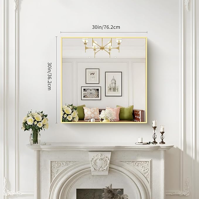 Gold Bathroom Mirror for Wall, 30x30 Inch Rectangle Mirrors with Metal Frame, Modern Vanity Wall Mirror Decor for Bathroom Living Room, Entryway Hangs Horizontal or Vertical-HomvellaHome
