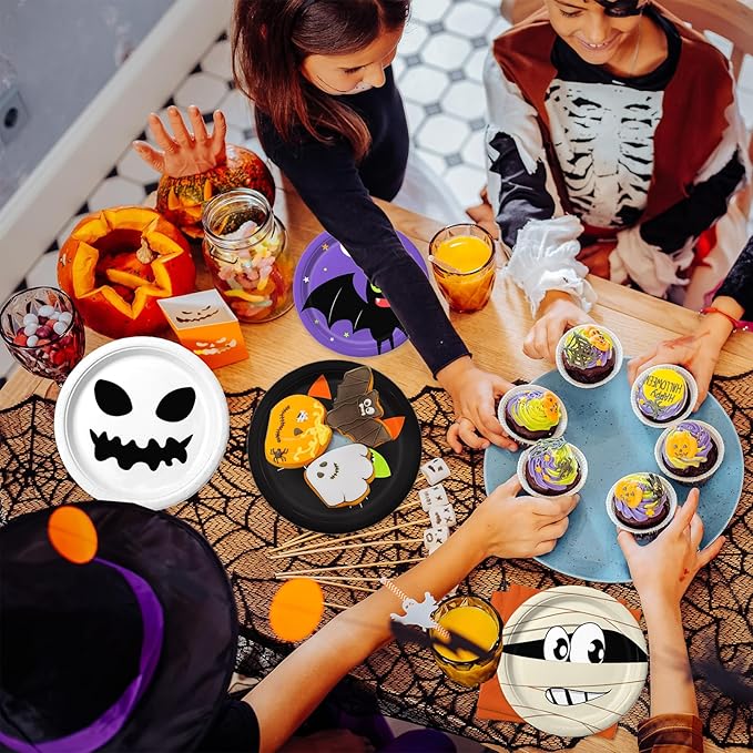 105PCS Halloween Paper Plates Ghosts Pumpkin Skull Spider Web Design for Halloween Party Decorations Supplies, Serves 30-HomvellaHome