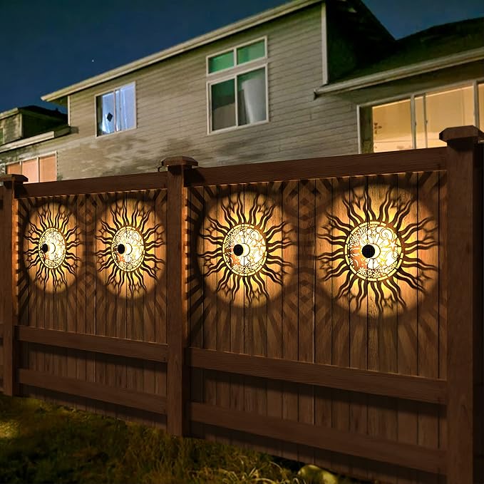 2 Pack Solar Fence Lights Metal Solar Powered Outdoor Wall Deck Lights Sun Moon Theme Waterproof Fence Light for Garden Post Patio Backyard Yard Decor (Face, 2 Pack)-HomvellaHome