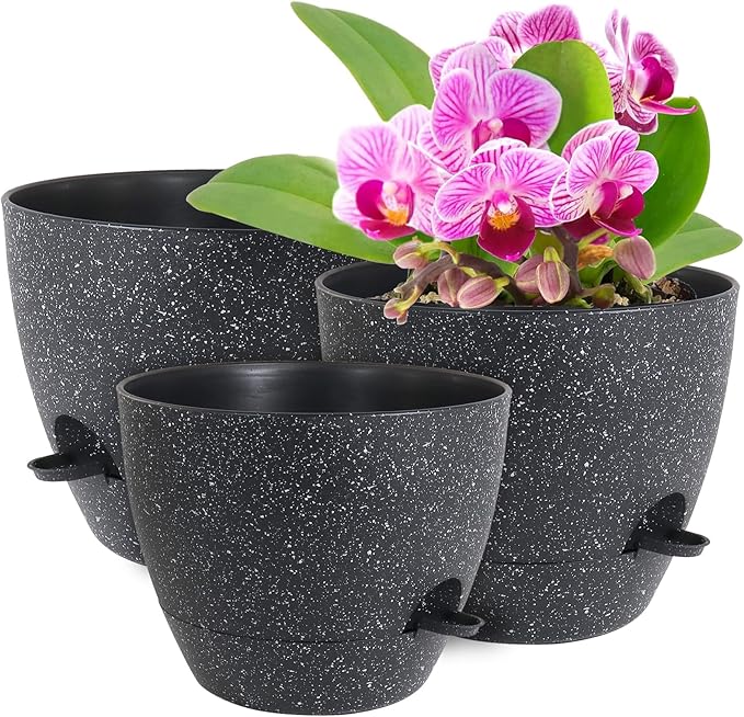 12/10/9 inch Large Self Watering Pots, Planter, Plant Pots with Mesh Drainage Holes for Indoor Outdoor Garden Plants, Plastic Flower Pots with Removable Deep Reservoir, Speckled Black-HomvellaHome