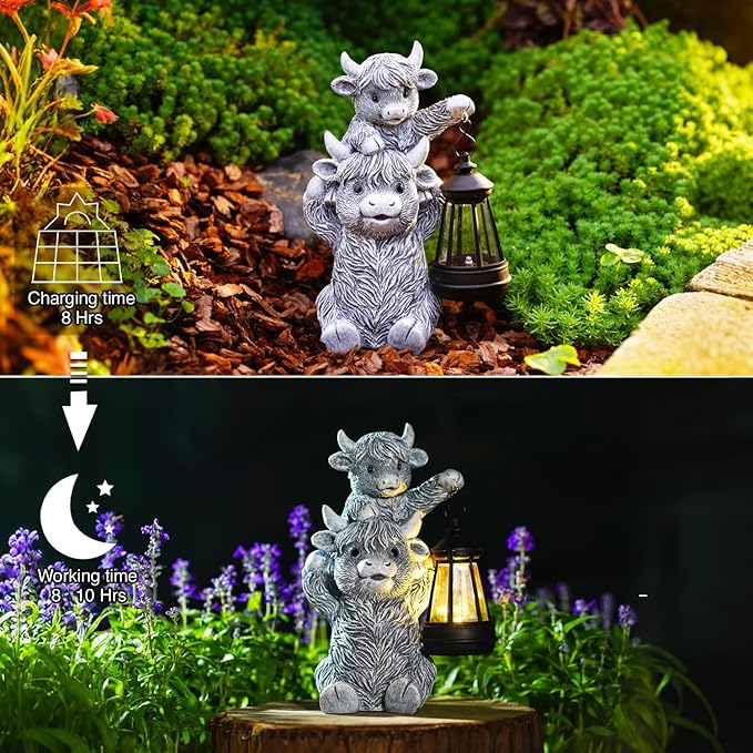 Goodeco 9.5 Inch Highland Cow with Solar Lantern – Resin Garden Decor, Outdoor Statue & Unique Highland Cow Gifts (Gray)-HomvellaHome