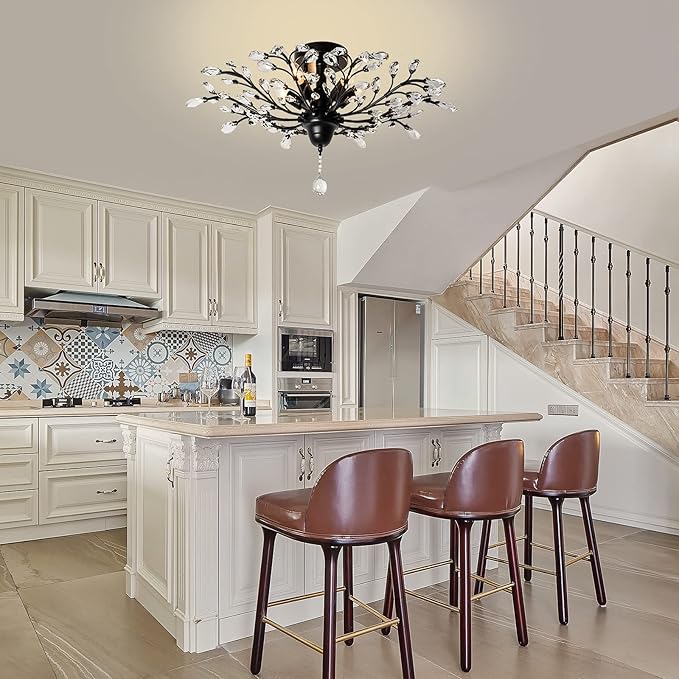 Ganeed Crystal Ceiling Light,Vintage Chandelier, Modern Elegant K9 Crystal Glass Chandelier Flush Mount Ceiling Lighting Fixture for Living Room Bedroom Restaurant Porch- Matte Black - 5 Lights-HomvellaHome