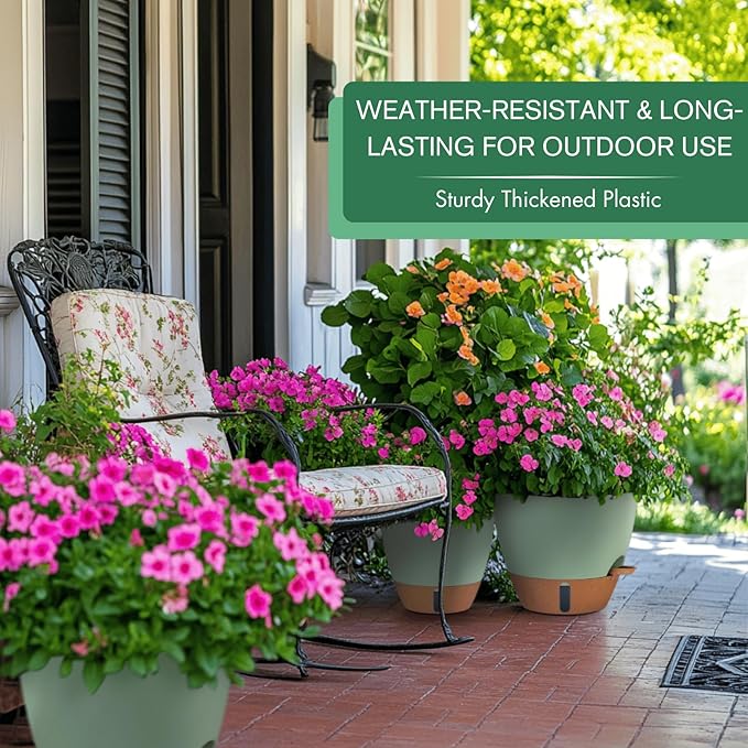 12/10/8 Inch Self Watering Pots for Indoor Plants Plastic Large Plant Pot for Outdoor Plants, Water Level Window & Spacious Reservoir Flower Pots Decorative Planter with Drainage and Tray (Green)-HomvellaHome