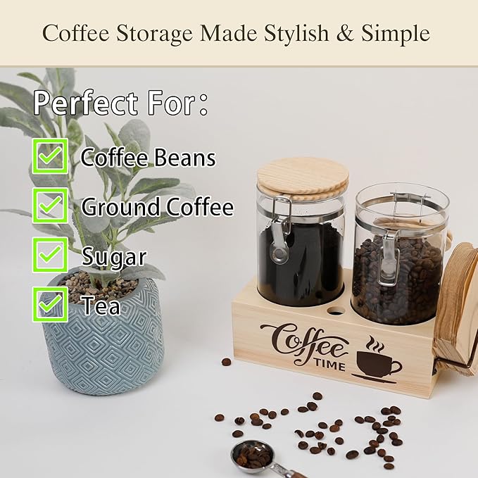Glass Coffee Canister Set with Shelf & Spoon 2 Piece Coffee Containers for Coffee Bean Storage Airtight Seal, Coffee Bar Accessories Filter Holder for Kitchen Organization-HomvellaHome
