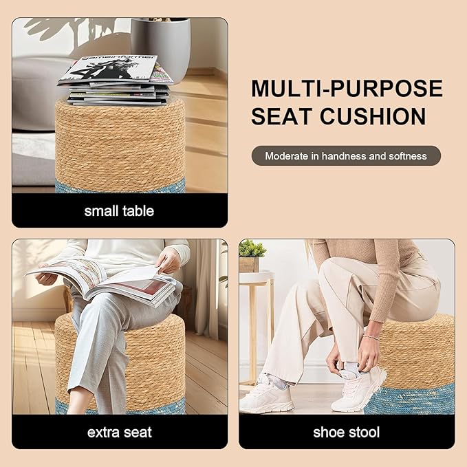 16'' Round Ottoman Natural Seagrass Braided Poof Hand Weaving Round Ottomans Boho Footrest Stool for Home Living Room Bedroom Patio(Natural&Blue)-HomvellaHome