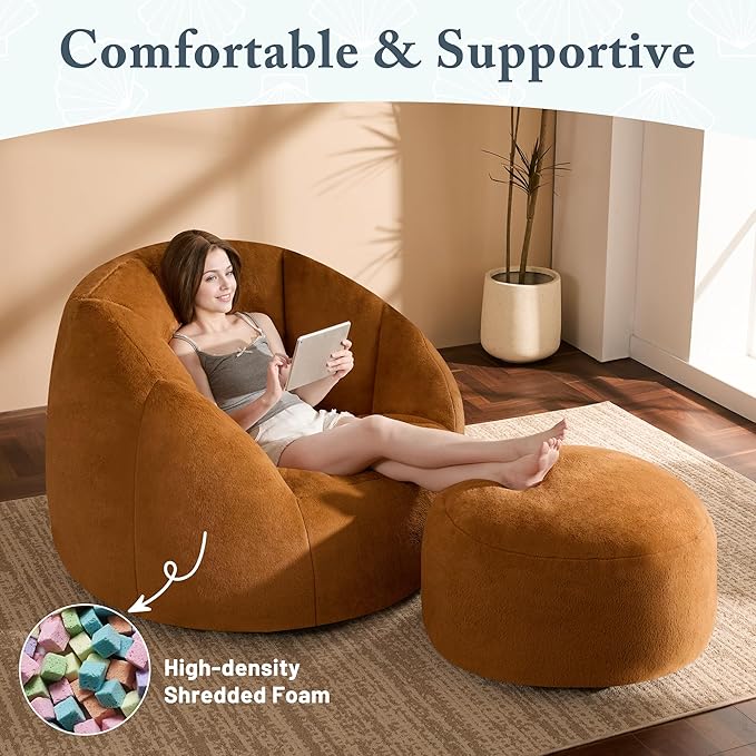 Giant Bean Bag Chaise Lounge Indoor Chair for Adults - Comfy Plush Round Shell Soft Accent Chair, Oversized Cozy Floor Sofa for Living Room, Bedroom & Game Rooms, Orange-HomvellaHome