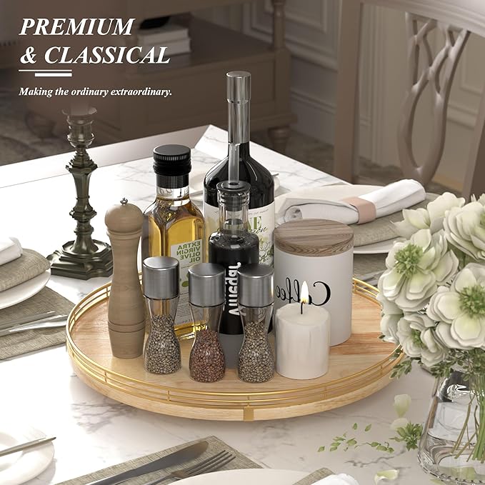 16 Inch Rustic Lazy Susan Turntable – Solid Oak & Iron Wood Rotating Tray for Dining Table, Kitchen Counter, Coffee Table – Farmhouse Style Large Wooden Lazy Susan Organizer for Home Décor-HomvellaHome