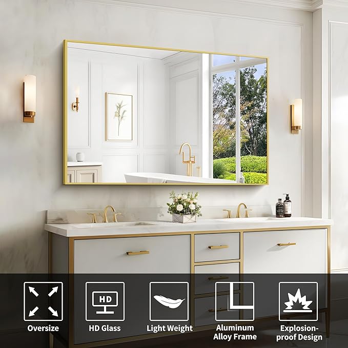 Gold Bathroom Mirror for Wall, 60x36 Inch Rectangle Mirrors with Metal Frame, Modern Vanity Wall Mirror Decor for Bathroom Living Room, Entryway Hangs Horizontal or Vertical-HomvellaHome