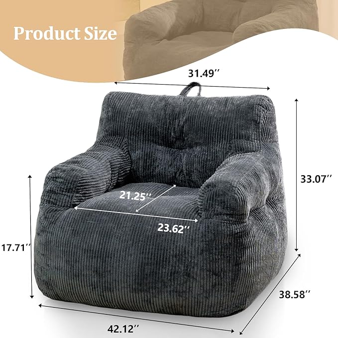 Giant Bean Bag Chair, Faux Fur Large Bean Bag Chair for Adults, Fluffy and Comfy Giant Bean Bag Chair with Filler, Big Bean Bag Sofa Chair for Reading, Gaming, Grey-HomvellaHome