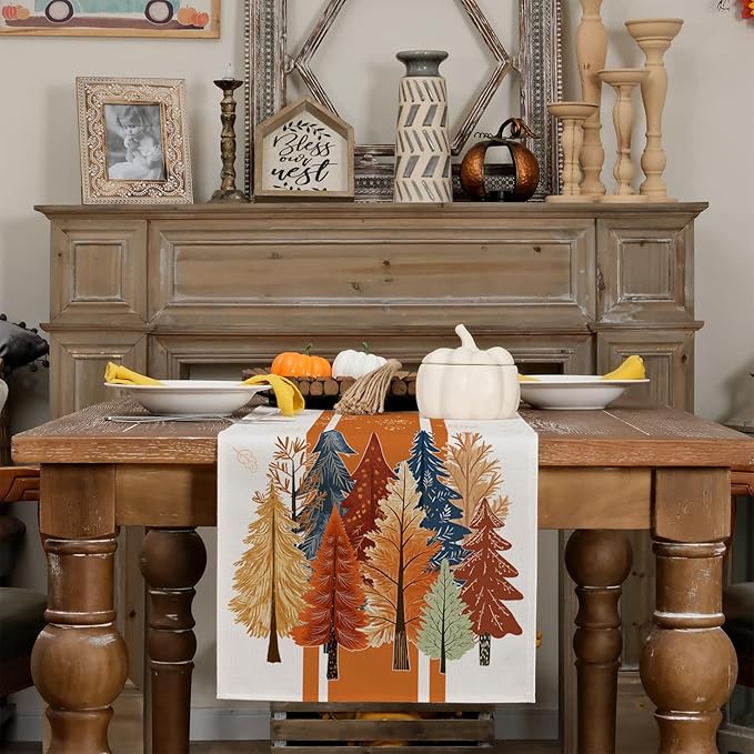 GEEORY Fall Watercolor Trees & Maple Leaves Striped Table Runner 13x120 Inch, Rustic Farmhouse Autumn Thanksgiving Decor for Kitchen, Dining, Indoor/Outdoor Holiday Dinner Party Orange GT157-120-HomvellaHome