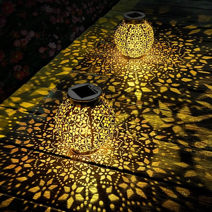 2 Pack Outdoor Solar Lantern Lights, Waterproof Tabletop LED Moroccan Lanterns, Hanging Metal Decorative Garden Lights for Patio, Lawn, Porch, Backyard-HomvellaHome