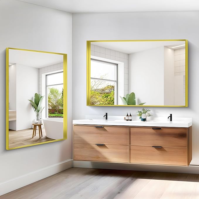 Gold Bathroom Mirror, 60x40 Inch Rectangular Framed Mirror, Large Wall Mounted Bathroom Vanity Mirror Over Sink for Bedroom,Restroom, Living Room, Hangs Vertically or Horizontally-HomvellaHome